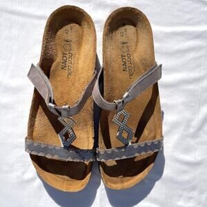 NAOT Aspen Silver Pewter Rhinestone Slide On Wedge Sandals Womens 42